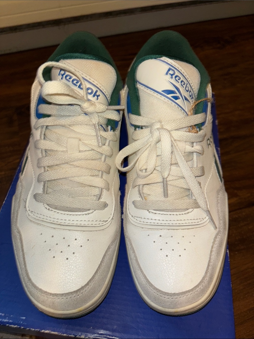 Reebok Men’s White Sneakers with Blue and Green Accents